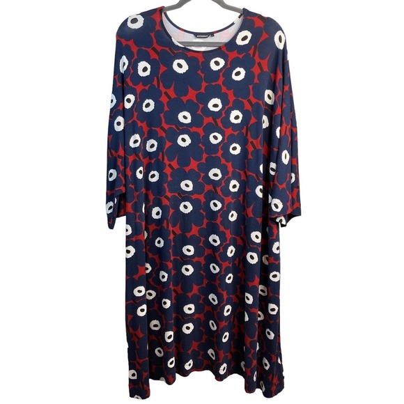 Marimekko Blue Floral Shift Dress Womens Sz L 3/4 Sleeves Flowy Flower Pullover - Picture 1 of 6